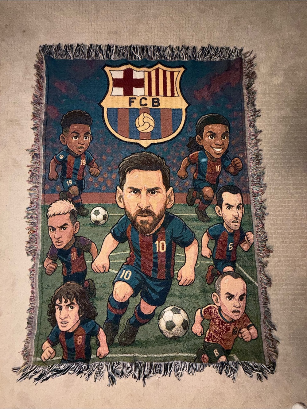 FC Barcelona Cartoon Players Throw Blanket - Blue & Red